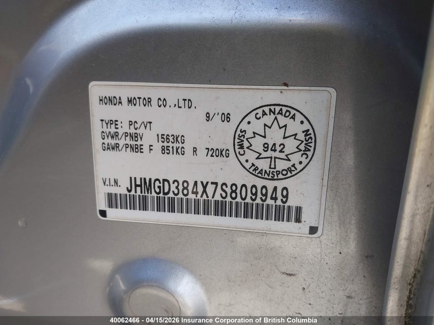 2007 Honda Fit VIN: JHMGD384X7S809949 Lot: 40062466