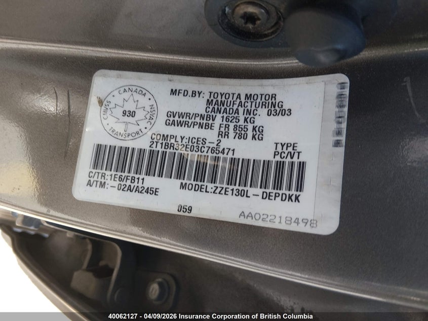 2003 Toyota Corolla Ce/Le/S VIN: 2T1BR32E03C765471 Lot: 40062127