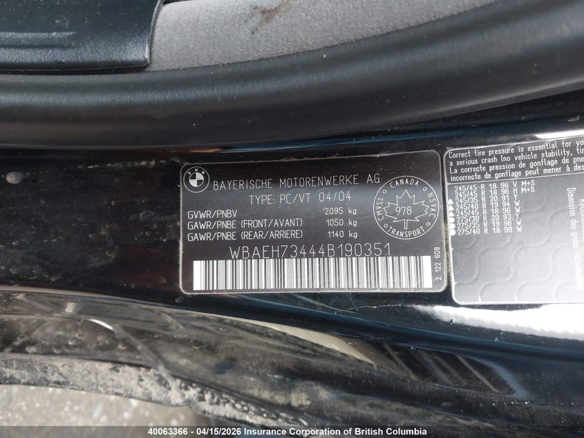 2004 BMW 645Ci VIN: WBAEH73444B190351 Lot: 40063366