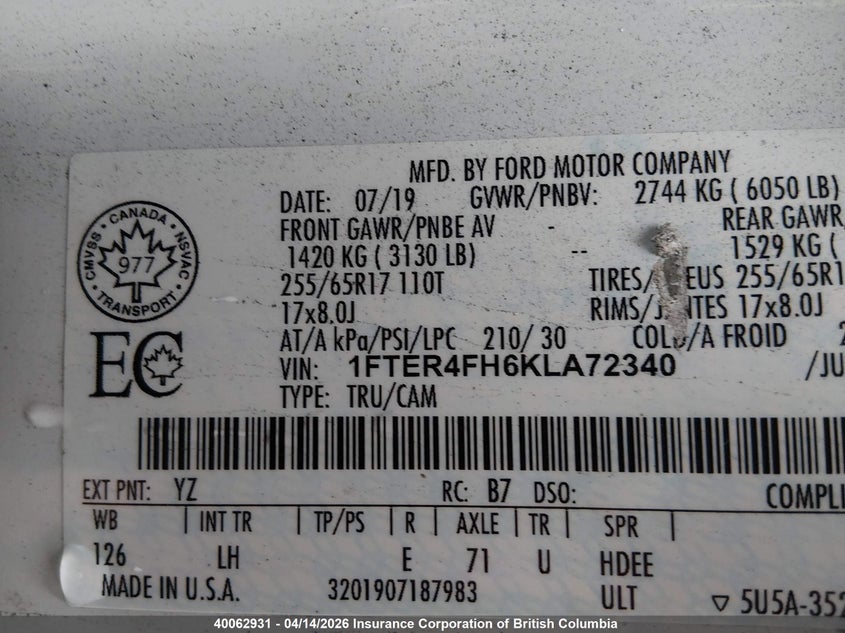 2019 Ford Ranger Xl/Xlt/Lariat VIN: 1FTER4FH6KLA72340 Lot: 40062931