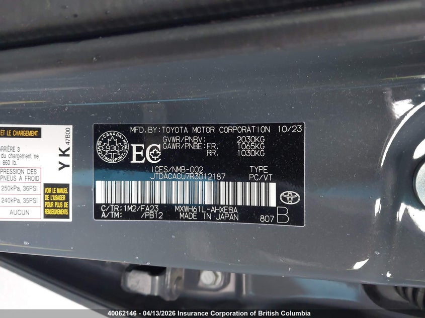 2024 Toyota Prius Prime Se/Xse/Xse Premium VIN: JTDACACU7R3012187 Lot: 40062146