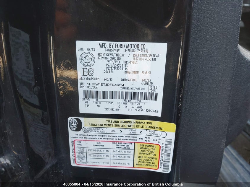 2013 Ford F150 Supercrew VIN: 1FTFW1ET3DFD35824 Lot: 40055804