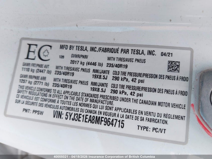 2021 Tesla Model 3 VIN: 5YJ3E1EA8MF964715 Lot: 40055021