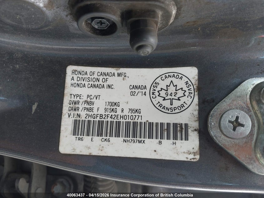 2014 Honda Civic VIN: 2HGFB2F42EH010771 Lot: 40063437