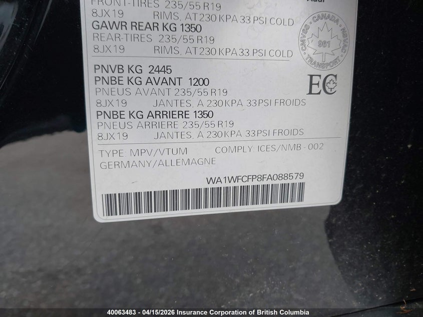 2015 Audi Q5 VIN: WA1WFCFP8FA088579 Lot: 40063483