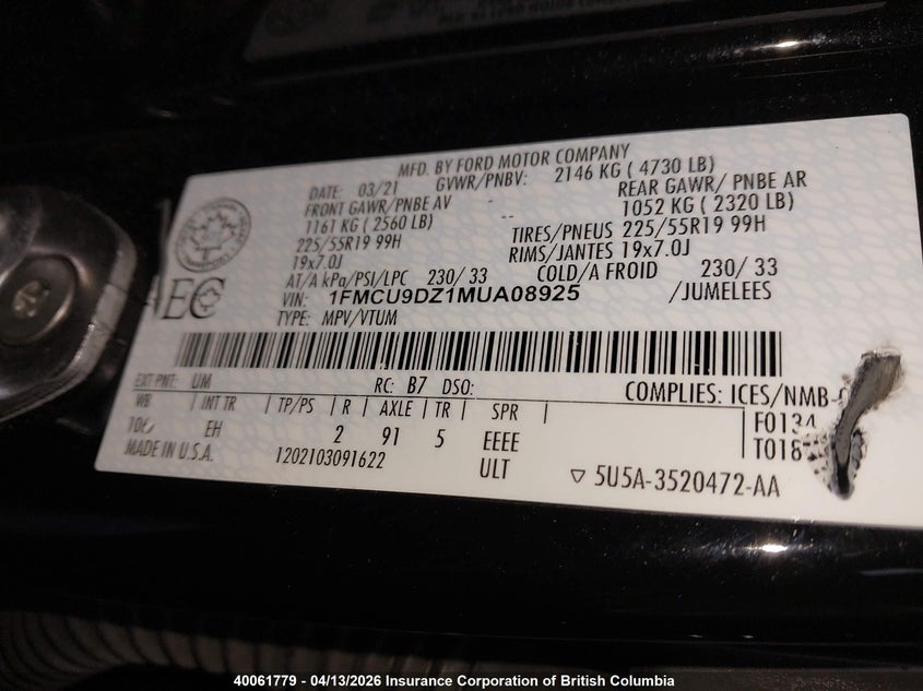 2021 Ford Escape Titanium VIN: 1FMCU9DZ1MUA08925 Lot: 40061779