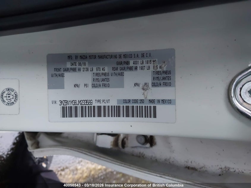 2018 Mazda 3 Grand Touring VIN: 3MZBN1M38JM233589 Lot: 40058543