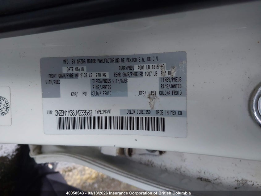 2018 Mazda 3 Grand Touring VIN: 3MZBN1M38JM233589 Lot: 40058543