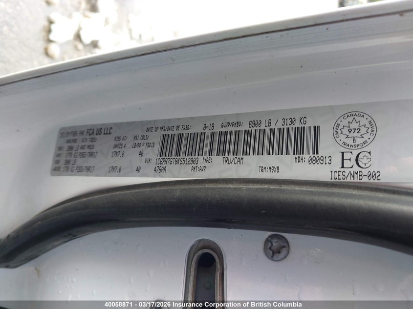 2019 Ram 1500 Classic Slt VIN: 1C6RR7GT8KS512903 Lot: 40058871