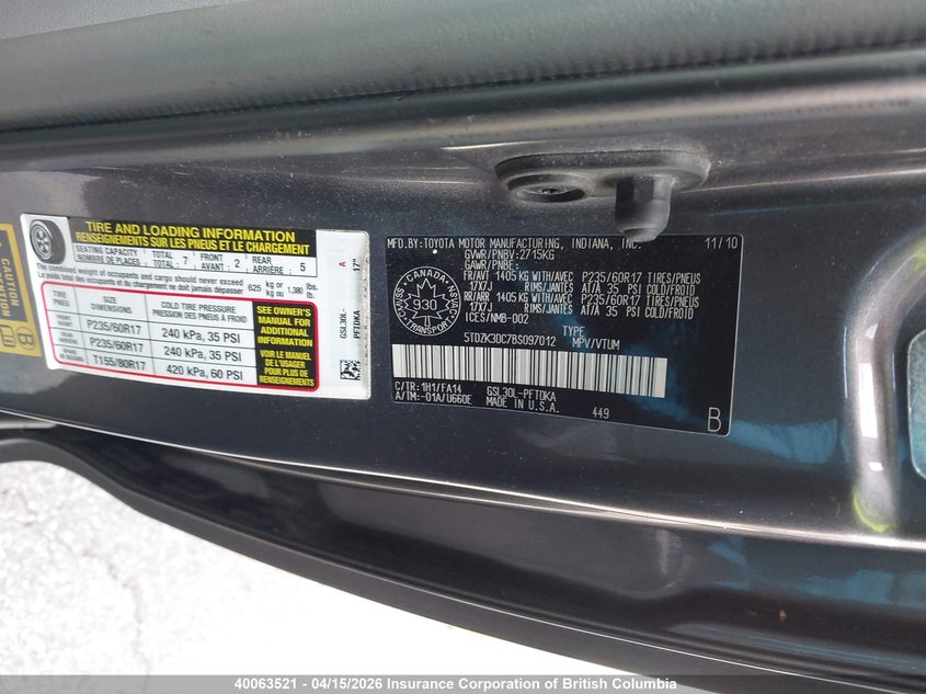 2011 Toyota Sienna VIN: 5TDZK3DC7BS097012 Lot: 40063521