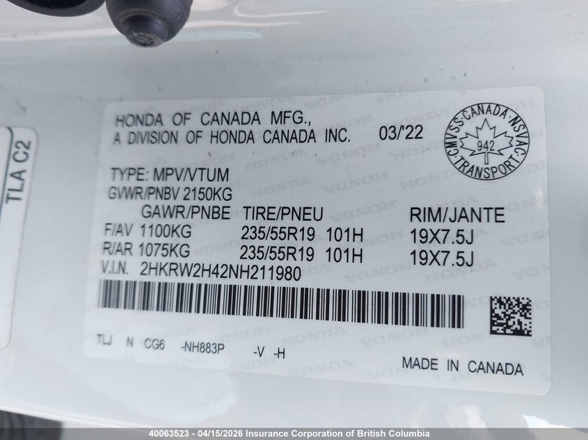 2022 Honda Cr-V VIN: 2HKRW2H42NH211980 Lot: 40063523