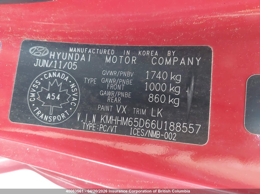 2006 Hyundai Tiburon Gs VIN: KMHHM65D66U188557 Lot: 40063561