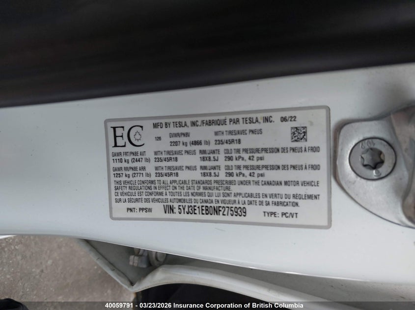 2022 Tesla Model 3 VIN: 5YJ3E1EB0NF275939 Lot: 40059791