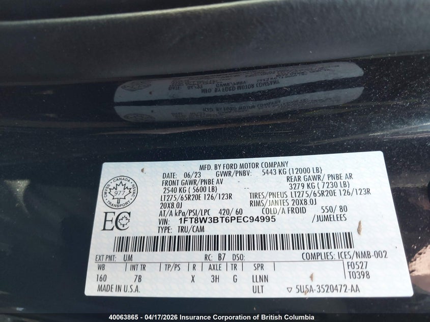 2023 Ford F350 Super Duty VIN: 1FT8W3BT6PEC94995 Lot: 40063865