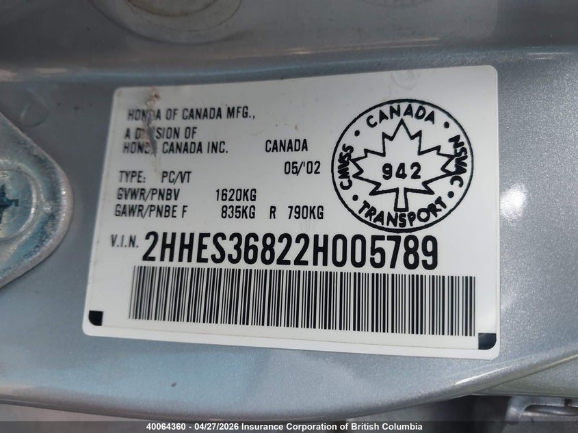 2002 Acura 1.7El Premium VIN: 2HHES36822H005789 Lot: 40064360