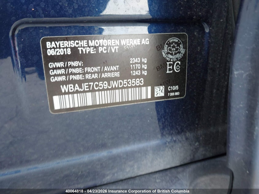 2018 BMW 540I VIN: WBAJE7C59JWD53583 Lot: 40064818