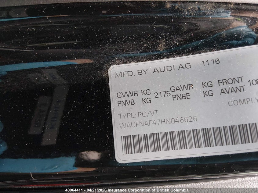 2017 Audi A4 Prestige VIN: WAUFNAF47HN046626 Lot: 40064411