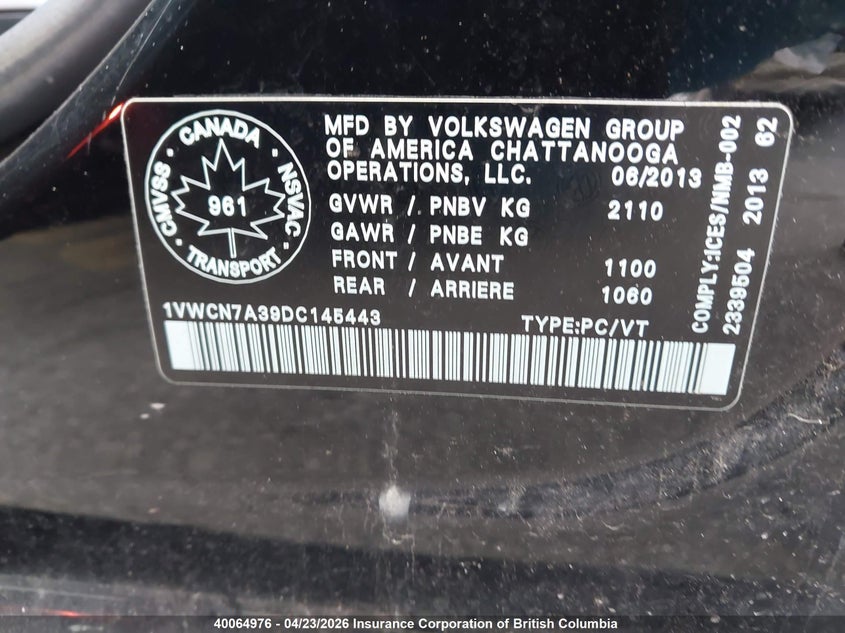 2013 Volkswagen Passat Sel VIN: 1VWCN7A39DC145443 Lot: 40064976