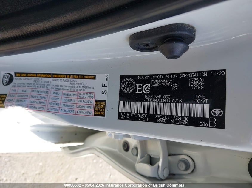 2021 TOYOTA COROLLA SEDAN 1.8L I-4 DOHC, VVT, 95HP