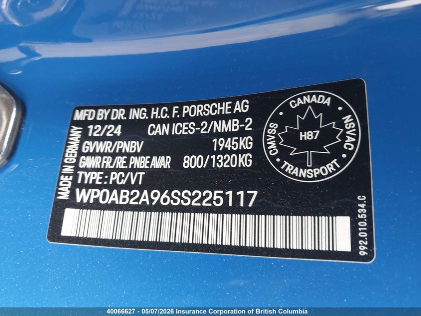 2025 Porsche 911 VIN: WP0AB2A96SS225117 Lot: 40066627