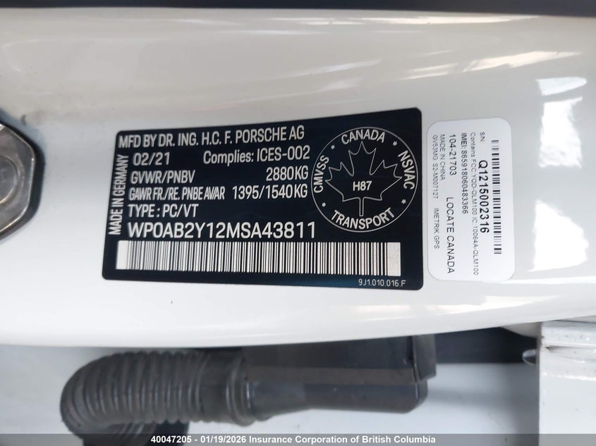 2021 Porsche Taycan 4S VIN: WP0AB2Y12MSA43811 Lot: 40047205