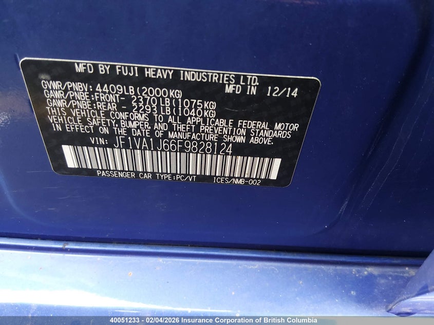 2015 Subaru Wrx Limited VIN: JF1VA1J66F9828124 Lot: 40051233