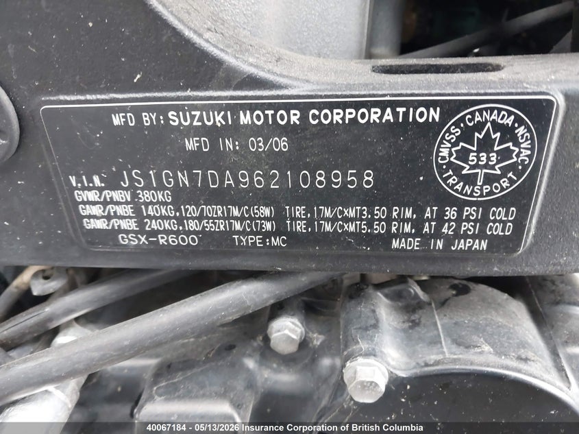 2006 Suzuki Gsx-R600 K6 VIN: JS1GN7DA962108958 Lot: 40067184