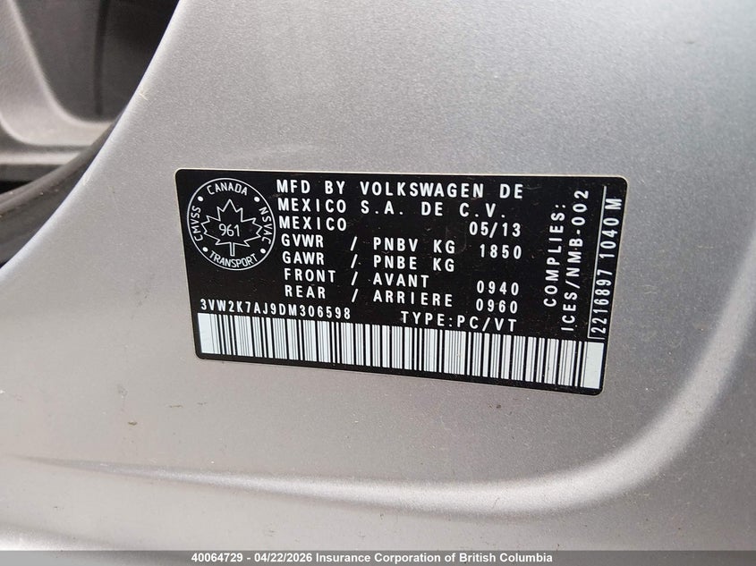 2013 Volkswagen Jetta S VIN: 3VW2K7AJ9DM306598 Lot: 40064729