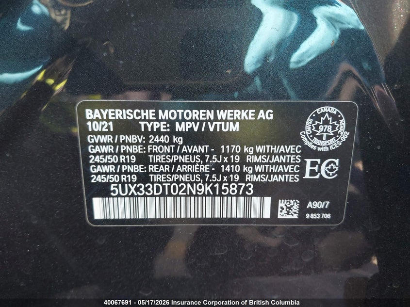 2022 BMW X4 VIN: 5UX33DT02N9K15873 Lot: 40067691