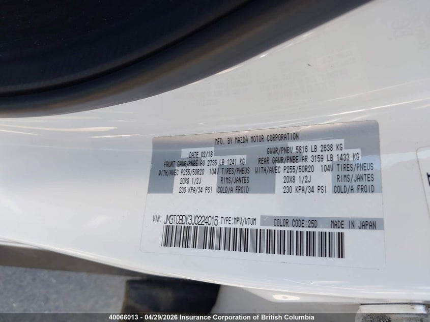 2018 Mazda Cx-9 Grand Touring VIN: JM3TCBDY3J0224016 Lot: 40066013
