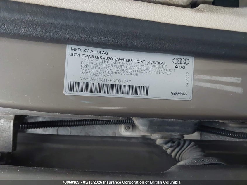 2005 Audi A4 VIN: WAUAC48H75K001765 Lot: 40068189