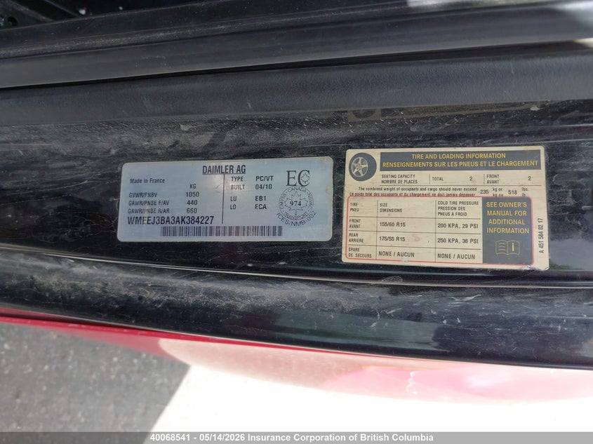 2010 Smart Fortwo Pure/Passion VIN: WMEEJ3BA3AK384227 Lot: 40068541