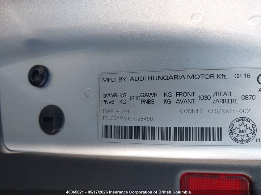 2016 Audi Tt VIN: TRUC5AFV4G1025498 Lot: 40065621