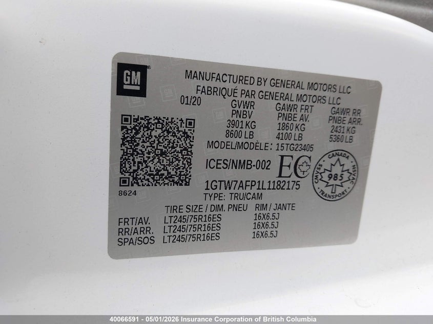 2020 GMC Savana G2500 VIN: 1GTW7AFP1L1182175 Lot: 40066591