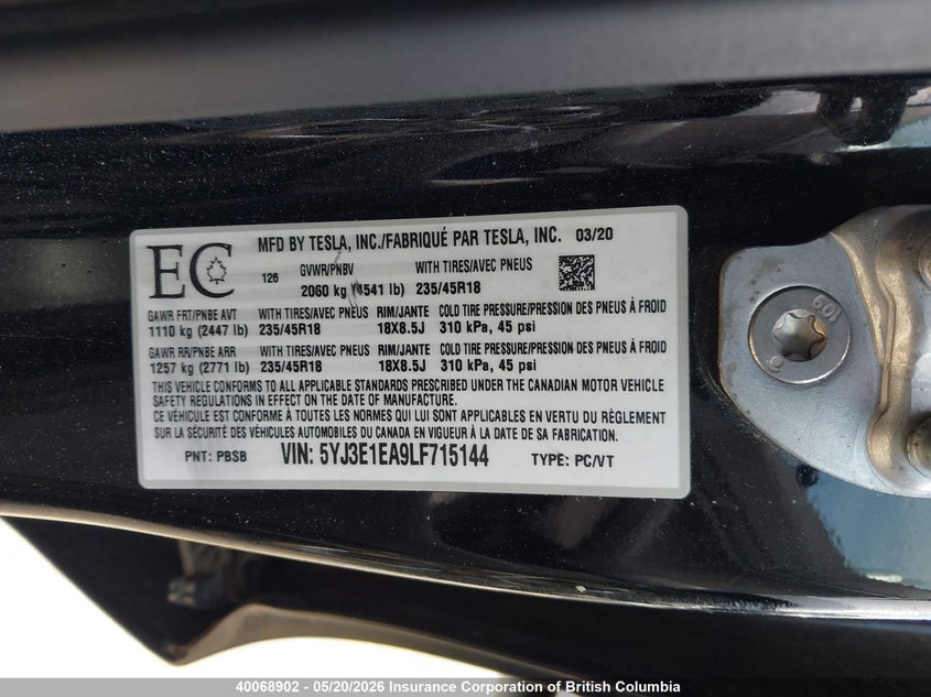 2020 Tesla Model 3 VIN: 5YJ3E1EA9LF715144 Lot: 40068902