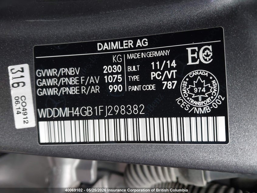 2015 Mercedes-Benz B 250 4Matic Sports Tourer VIN: WDDMH4GB1FJ298382 Lot: 40069102