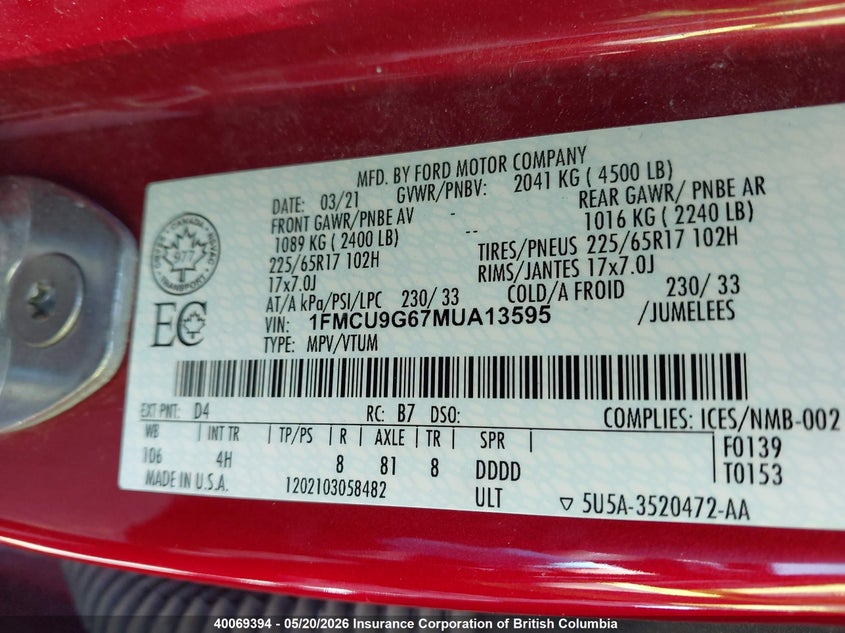 2021 Ford Escape Se VIN: 1FMCU9G67MUA13595 Lot: 40069394