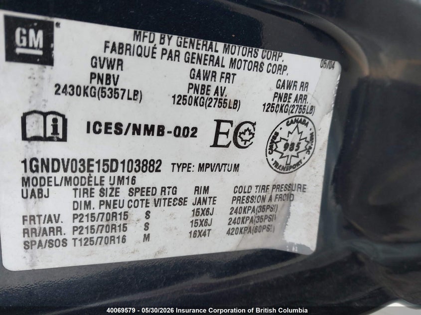 2005 Chevrolet Venture VIN: 1GNDV03E15D103882 Lot: 40069579