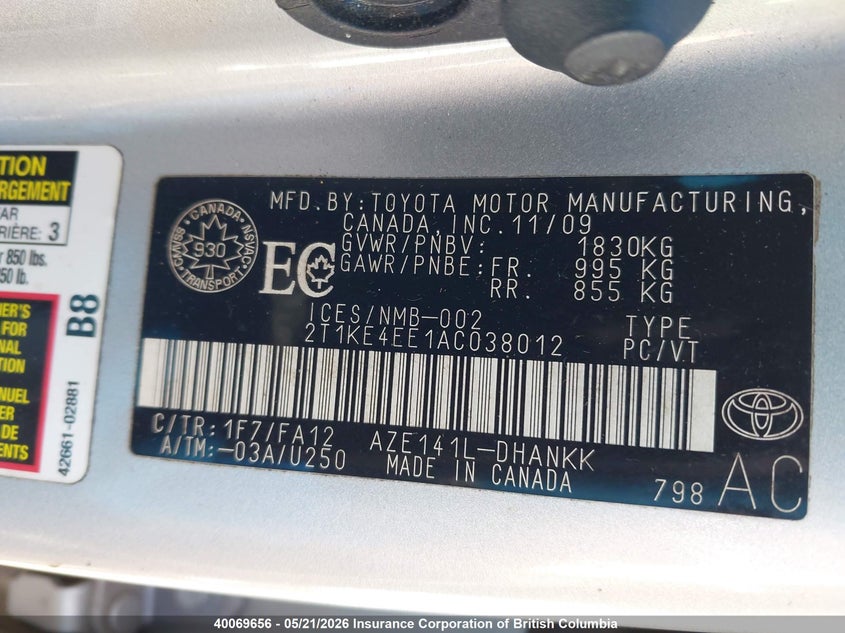 2010 Toyota Matrix Xr VIN: 2T1KE4EE1AC038012 Lot: 40069656