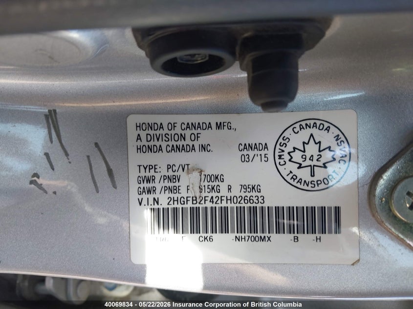 2015 HONDA CIVIC SEDAN 1.8L I4 FI SOHC 16V NF4