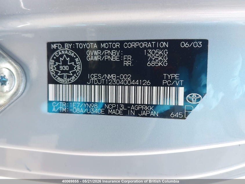 2004 Toyota Echo VIN: JTDJT123040044126 Lot: 40069855