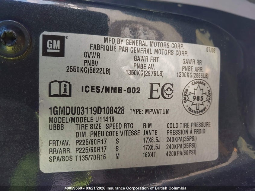 2009 Pontiac Montana Sv6 VIN: 1GMDU03119D108428 Lot: 40059560