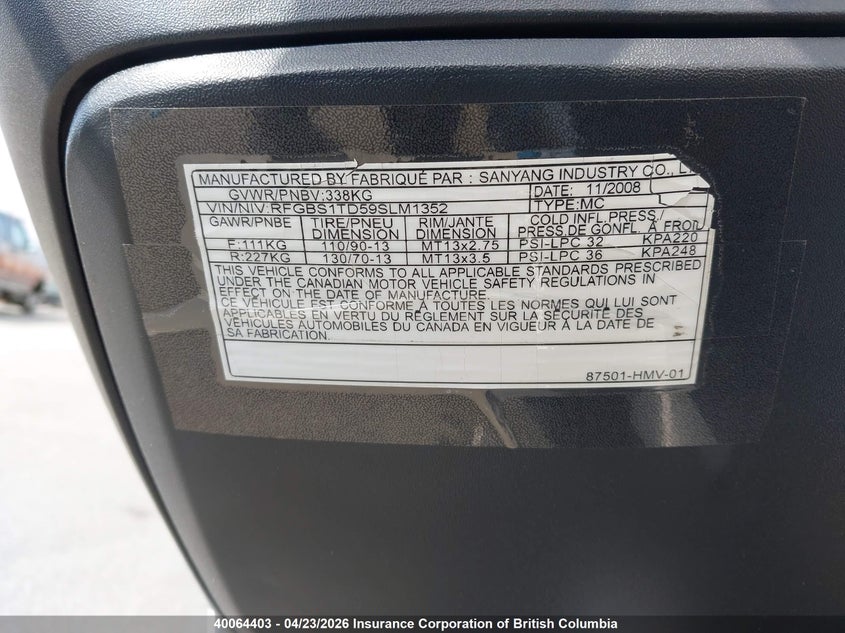 2009 Sym Rv 250 VIN: RFGBS1TD59SLM1352 Lot: 40064403