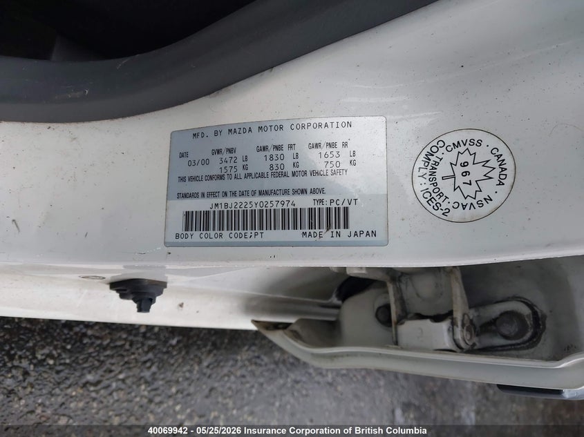2000 Mazda Protege Dx/Lx VIN: JM1BJ2225Y0257974 Lot: 40069942