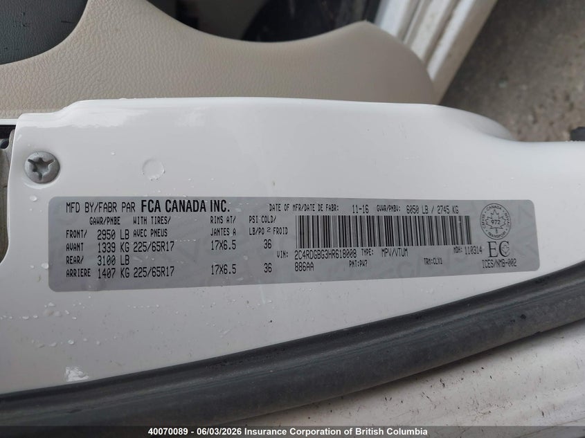 2017 Dodge Grand Caravan Cvp/Sxt VIN: 2C4RDGBG3HR618008 Lot: 40070089