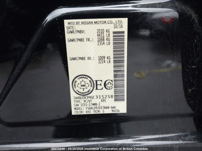 2016 Nissan Leaf VIN: 1N4BZ0CP4GC315258 Lot: 40070240