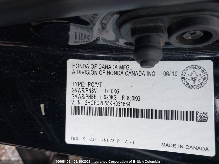 2019 HONDA CIVIC SEDAN 2.0L I-4 DOHC, VVT, 158HP