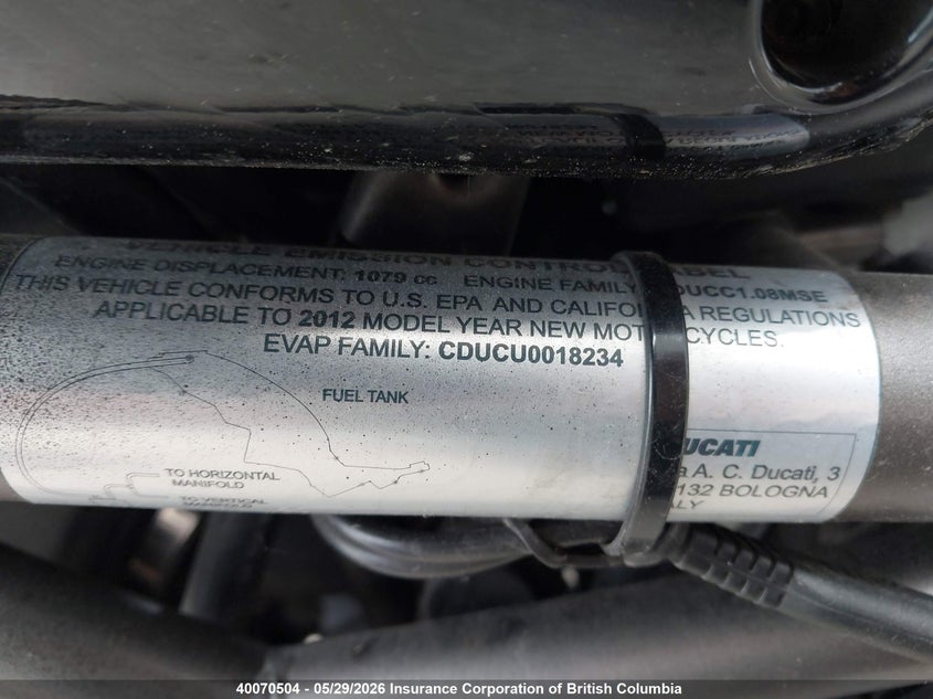 2012 Ducati Monster 1110 VIN: ZDM1RARR2CB045018 Lot: 40070504