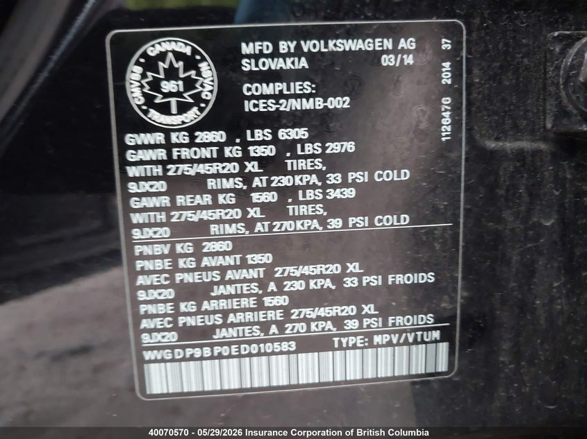 2014 Volkswagen Touareg Tdi VIN: WVGDP9BP0ED010583 Lot: 40070570
