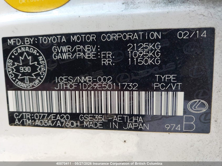 2014 Lexus Is 250 VIN: JTHCF1D29E5011732 Lot: 40070411